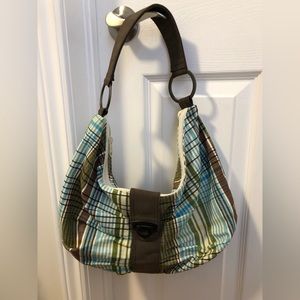 Spacious boutique shoulder bag. Green, blue, white and brown plaid pattern.